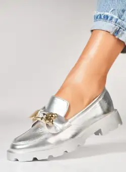 Pantofi dama casual Argintii din Piele Ecologica Lacuita Sheza