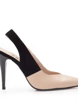 Pantofi eleganți decupați damă din piele naturală - 68175 Nude Box cu Negru Velur