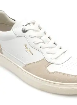 Pantofi PEPE JEANS albi, CAMDEN STREET, din piele ecologica