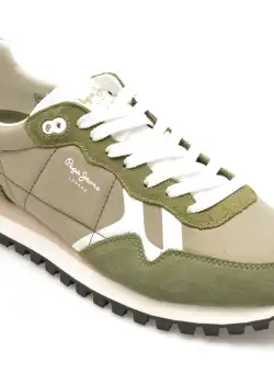 Pantofi sport PEPE JEANS kaki, BRIT-ON PRINT, din material textil si piele intoarsa