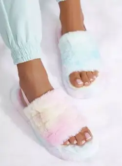 Papuci de casa pufosi Eleano Multicolori