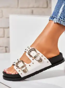 Papuci/Slapi Albi din Piele Ecologica Chevi