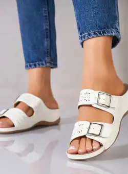 Papuci/Slapi Albi din Piele Ecologica Irene