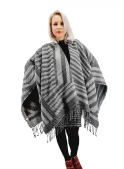 Poncho dama in dungi gri si alb