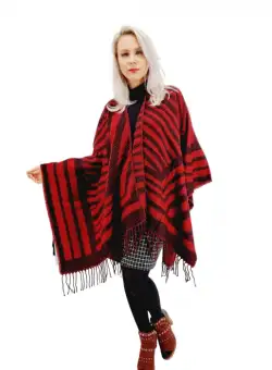 Poncho dama in dungi rosu si negru