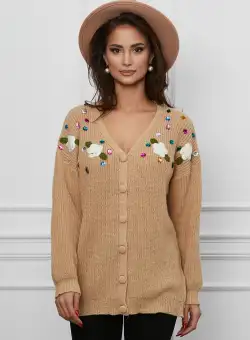 Pulover Amy bej cu pietre colorate si flori 3D