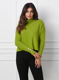 Pulover Delia verde olive cu nasturi pe maneci