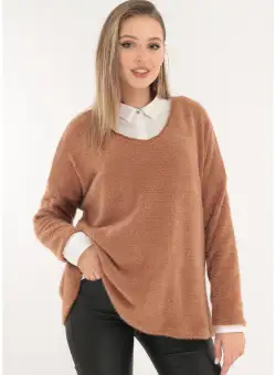 Pulover pufos camel din vascoza si lana