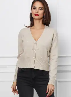 Pulover Sara bej cu perlute si nasturi
