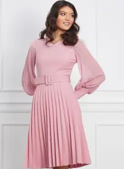 Rochie Adina roz plisata cu fugi la umeri si curea in talie