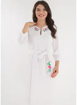 Rochie alba cu broderie si cordon in talie