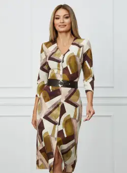 Rochie Alina bej cu imprimeu olive si curea in talie