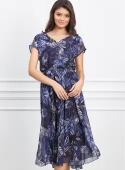 Rochie Anita neagra cu imprimeuri bleumarin si cordon in talie