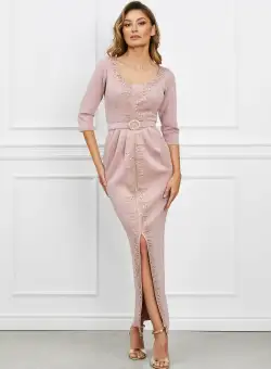 Rochie Antonia roz lunga din neopren cu strasuri si curea