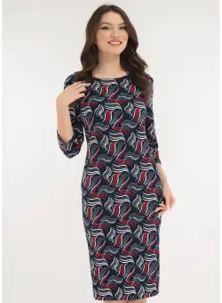 Rochie bleumarin cu print abstract rosu-alb