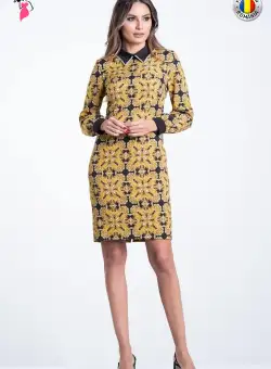 Rochie casual Xara mustar cu imprimeu fractal