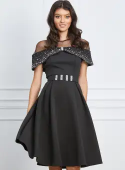 Rochie Cheryl neagra din neopren cu strasuri si curea in talie