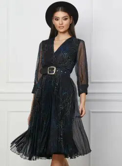 Rochie Crina neagra cu imprimeuri albastre si curea in talie