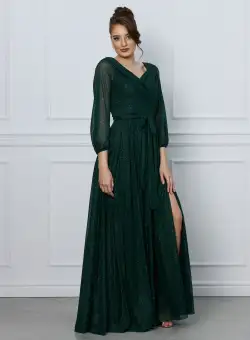 Rochie Cristina verde lunga cu maneci lungi si glitter