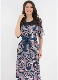Rochie cu print abstract ciclamen si dantela bleumarin