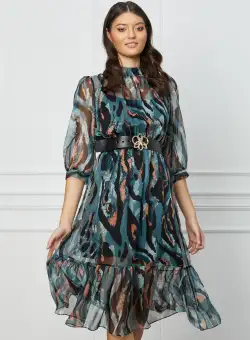 Rochie Daniela turcoaz cu zebra print caramiziu si curea in talie