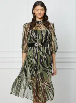 Rochie Daniela verde cu zebra print roz si curea in talie