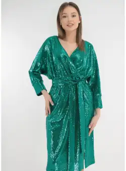 Rochie de ocazie verde-smarald cu paiete si decolteu suprapus