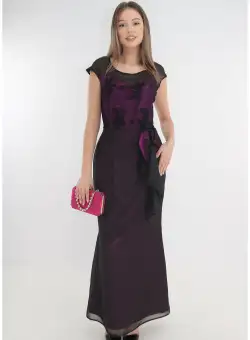 Rochie de seara din voal negru si saten ciclamen