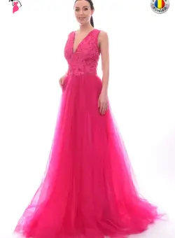 Rochie de seara lunga de tulle ciclam