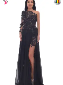 Rochie de seara lunga din voal si aplicatie de flori 3D