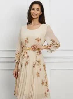 Rochie Delia bej cu imprimeuri florale si curea in talie