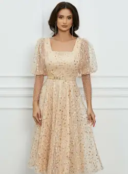 Rochie Denisa bej din tulle cu plasa la maneci si curea in talie