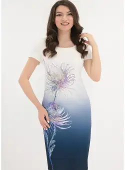 Rochie din stofa alb-bleumarin cu flori maxi