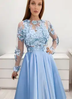 Rochie din tafta bleu cu broderie florala 3D