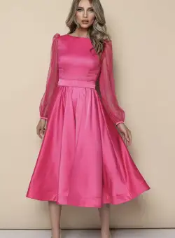 Rochie din tafta fucsia cu maneci transparente