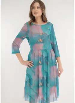 Rochie din tulle cu print abstract albastru-roz