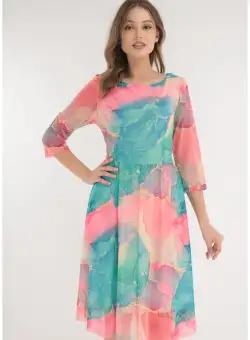 Rochie din tulle cu print abstract corai-turcoaz