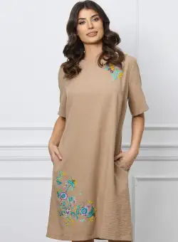 Rochie Dora bej cu broderie florala