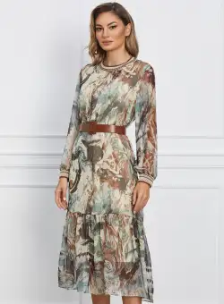 Rochie Dora bej cu imprimeuri verde mint si curea in talie