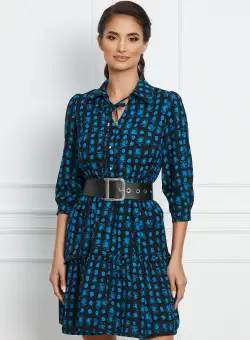 Rochie Dorina neagra cu imprimeuri albastre si curea in talie