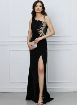 Rochie Doris neagra lunga cu strasuri