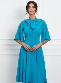 Rochie Dy Fashion albastra cu nasturi si volan la bust