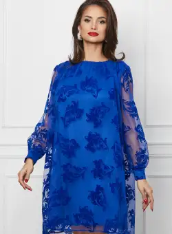 Rochie Dy Fashion albastra din tull cu insertii catifelate