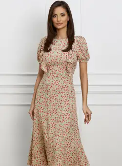 Rochie Dy Fashion bej cu floricele corai si volane pe umeri