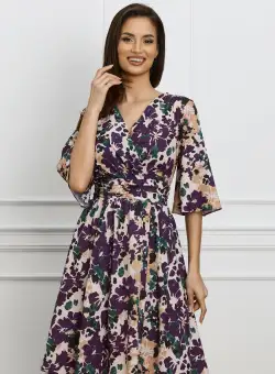 Rochie Dy Fashion bej cu imprimeu floral mov