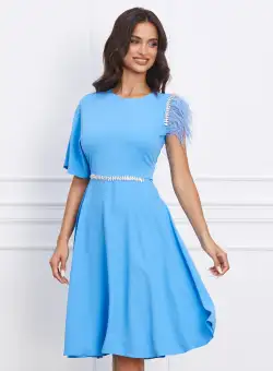 Rochie Dy Fashion bleu cu pene si strasuri