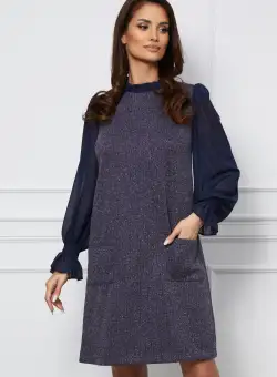 Rochie DY Fashion bleumarin din jerse cu maneci din voal