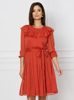 Rochie Dy Fashion corai cu volanas la bust si cordon in talie