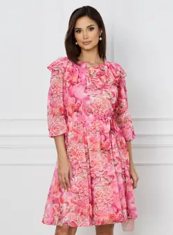 Rochie Dy Fashion cu imprimeu roz si cordon in talie