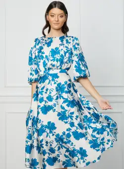 Rochie Dy Fashion din satin alba cu imprimeuri albastre